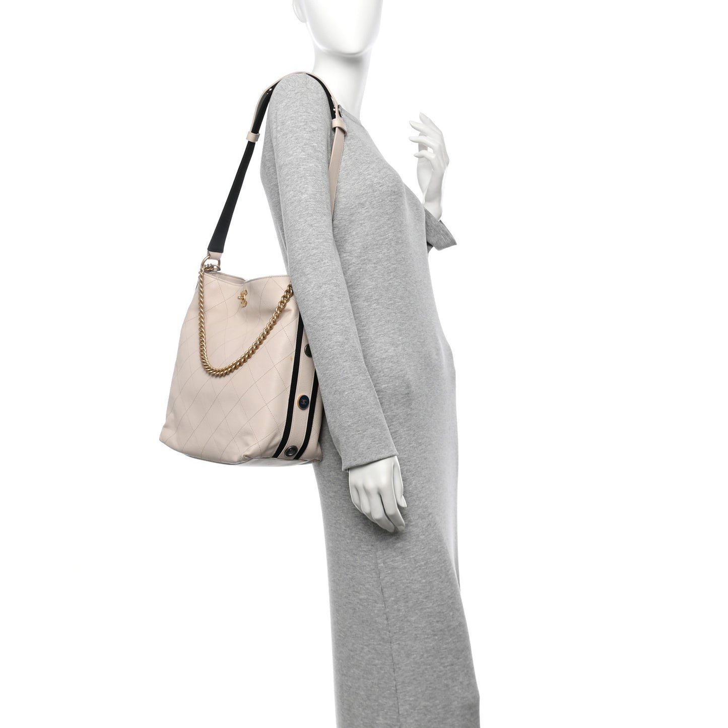 Calfskin Stitched Large Button Up Hobo Ivory Black