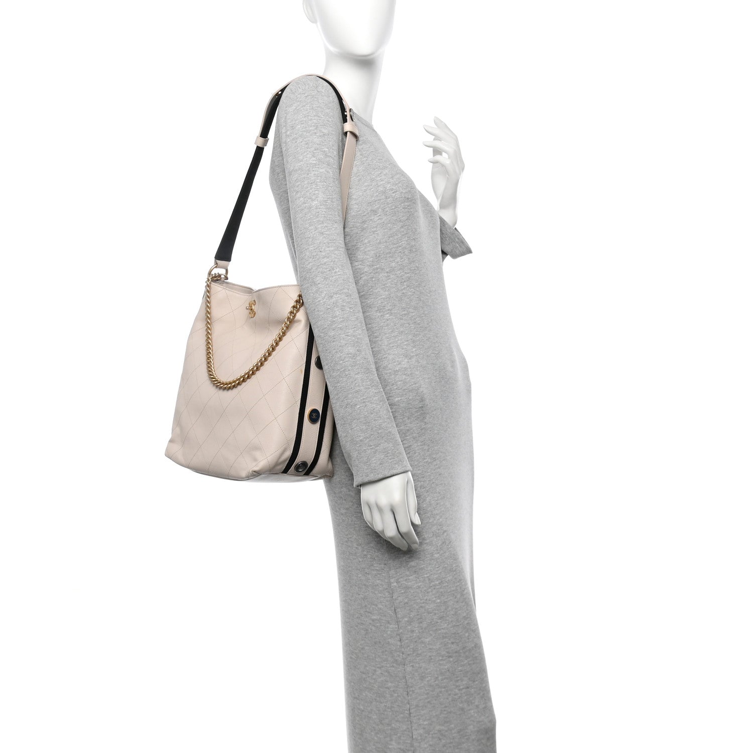 Chanel Calfskin Stitched Large Button Up Hobo Ivory Black 2 of 14