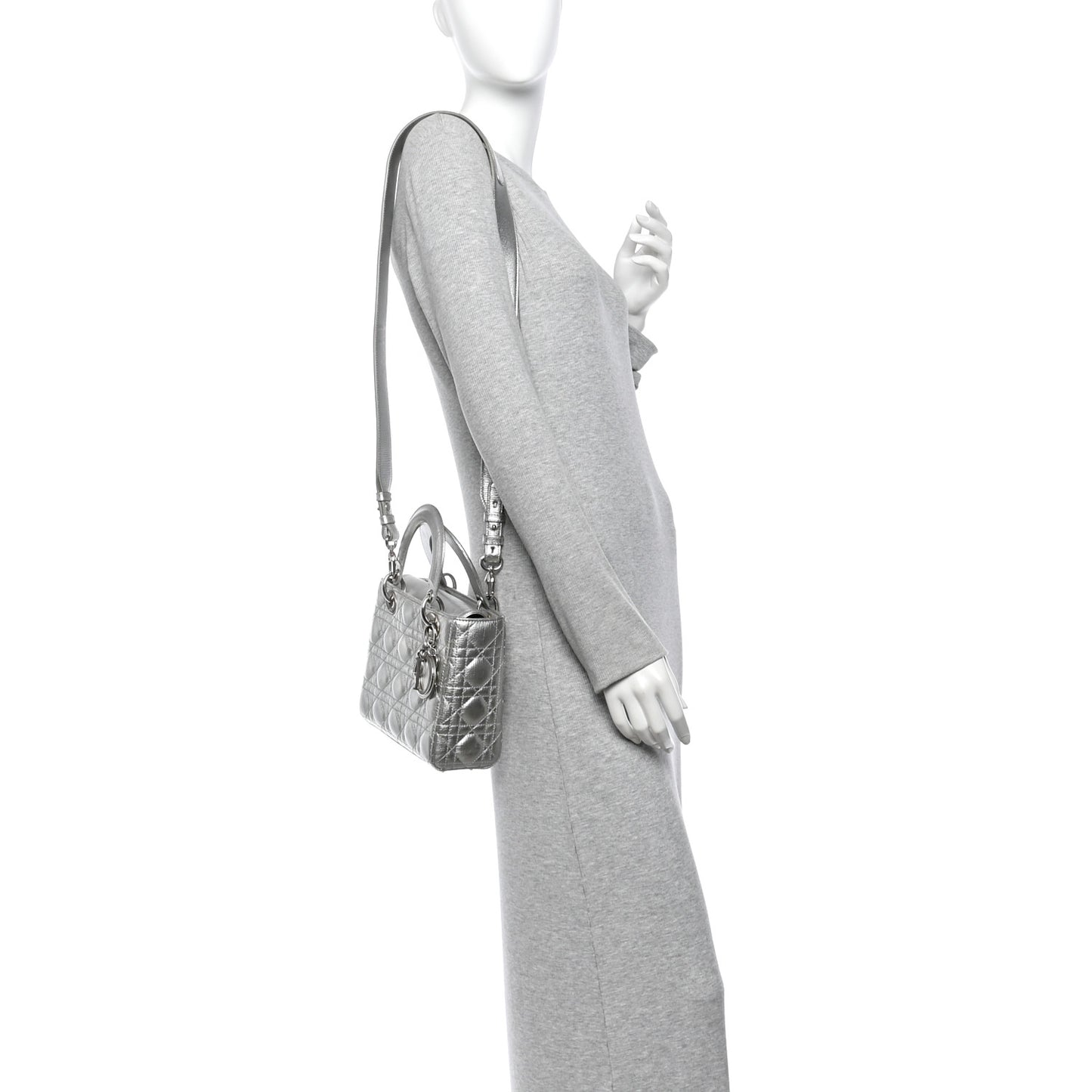 Metallic Grained Calfskin Cannage Small Lucky Badges My Lady Dior Silver