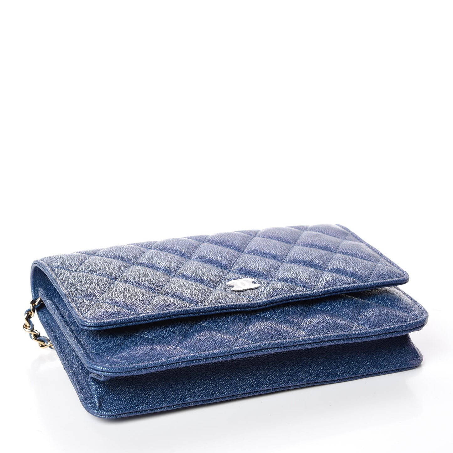 Iridescent Caviar Quilted Wallet On Chain WOC Dark Blue