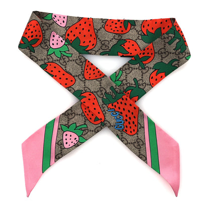 Gucci Silk Twill GG Monogram Strawberry Neck Bow Scarf Pink 1 of 3