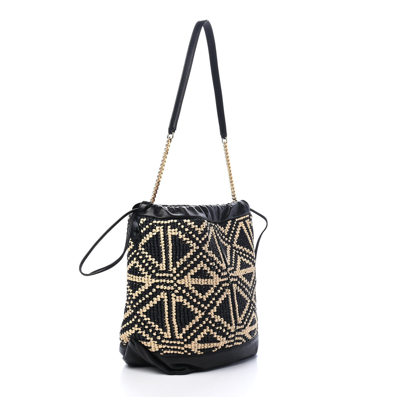 Saint Laurent Folk Raffia Calfskin Teddy Drawstring Bag Natural Black 2 of 9