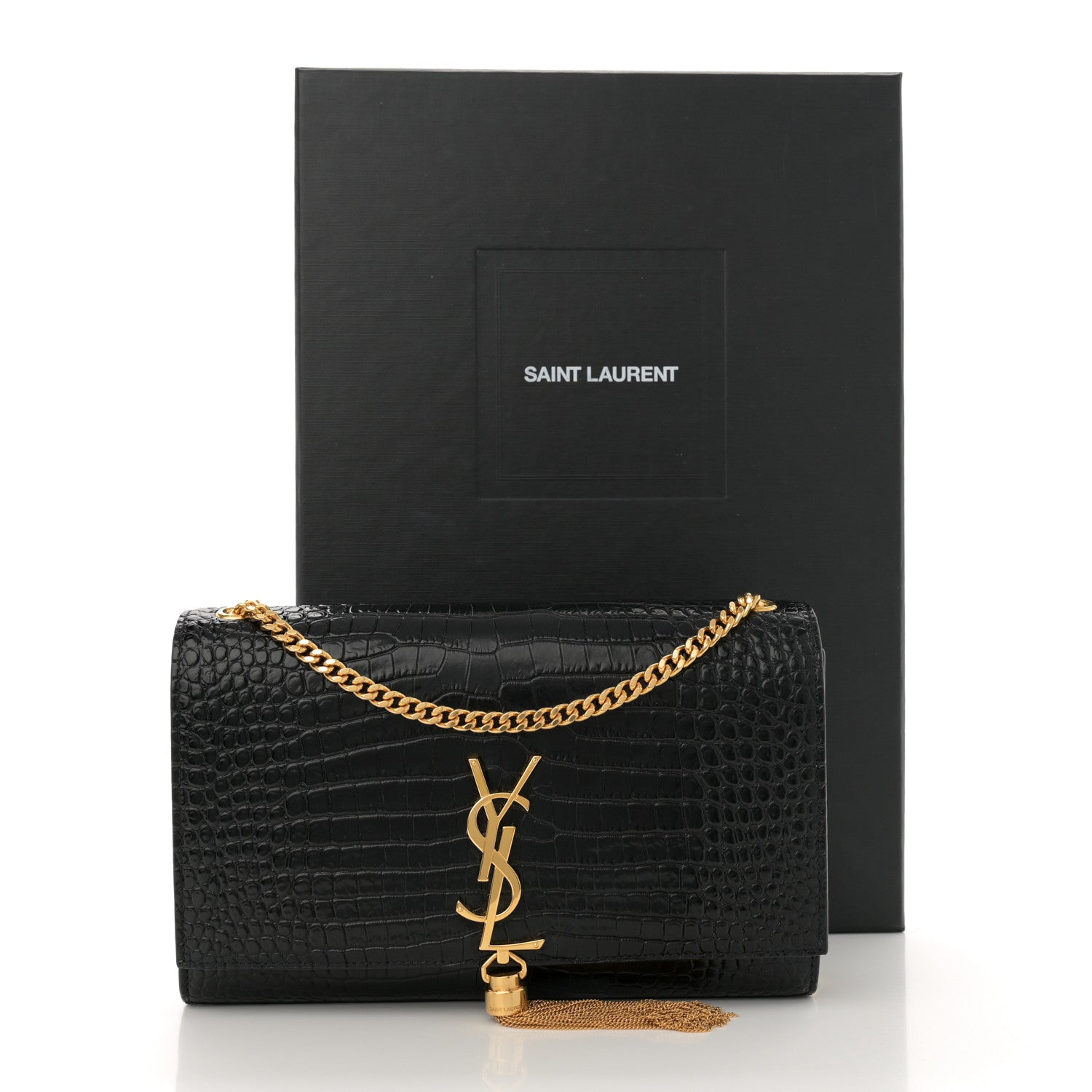 Saint Laurent Calfskin Crocodile Embossed Medium Classic Monogram Kate Tassel Satchel Black 14 of 14