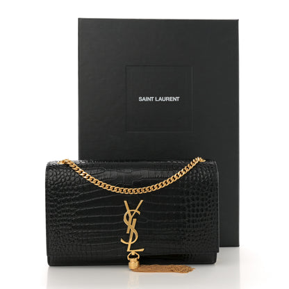Saint Laurent Calfskin Crocodile Embossed Medium Classic Monogram Kate Tassel Satchel Black 14 of 14