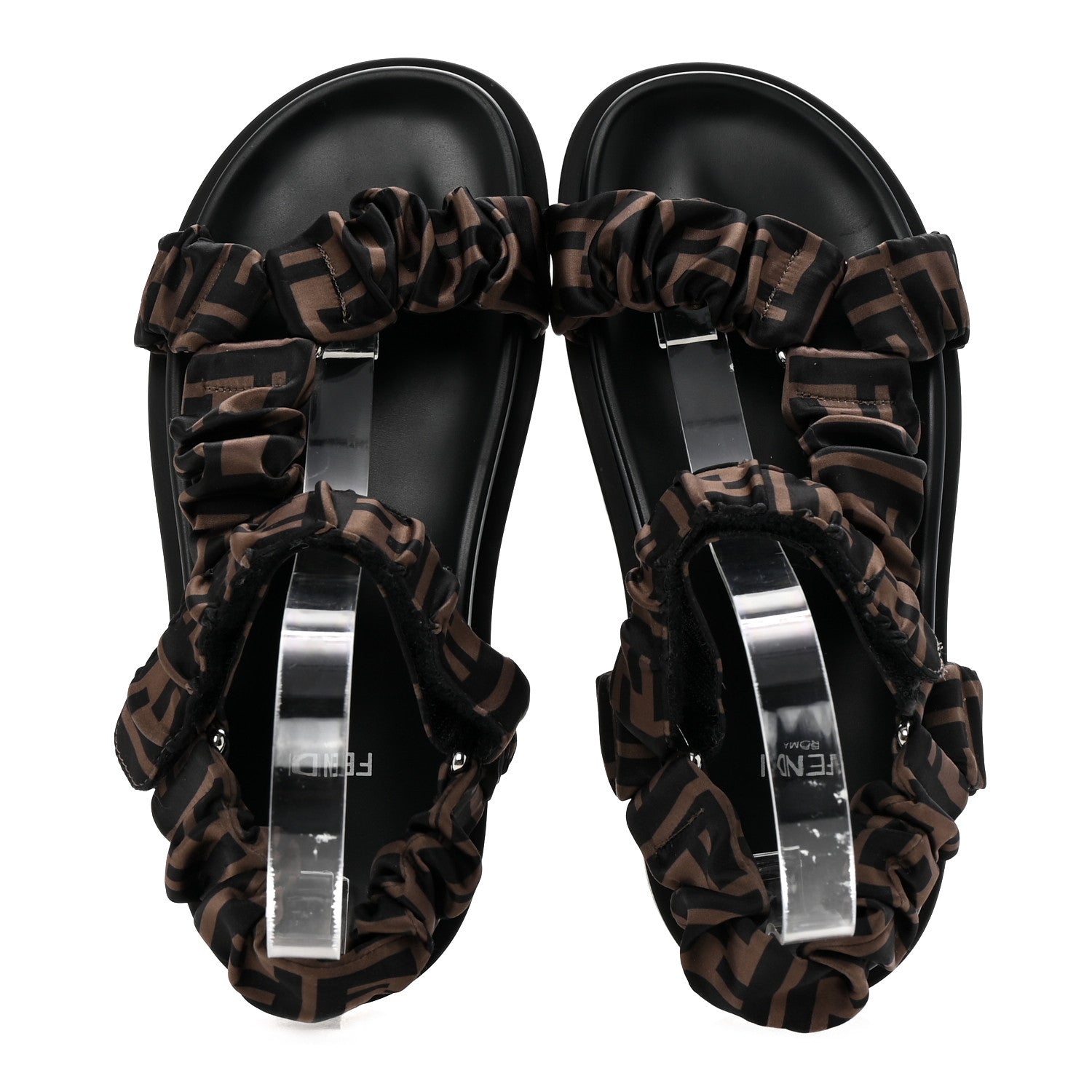 Fendi Satin FF Ruched Sandals 37.5 Tobacco Black 2 of 8