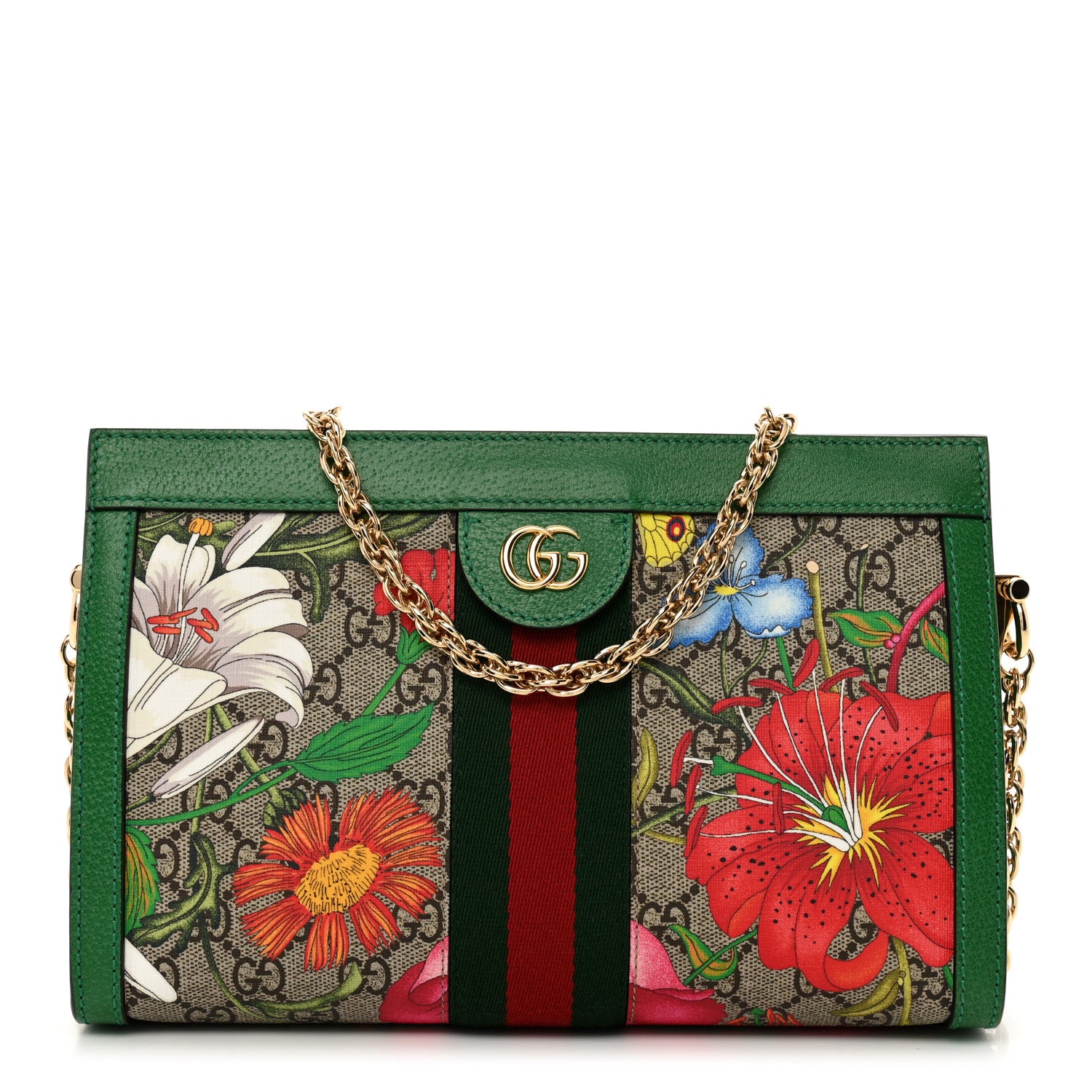 Gucci GG Supreme Monogram Flora Web Small Ophidia Chain Shoulder Bag Green 1 of 9