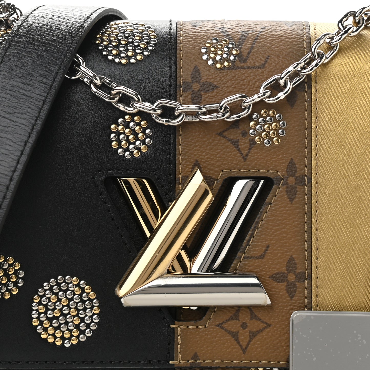 Calfskin Reverse Monogram Studded Twist Shoulder Bag MM Black Gold
