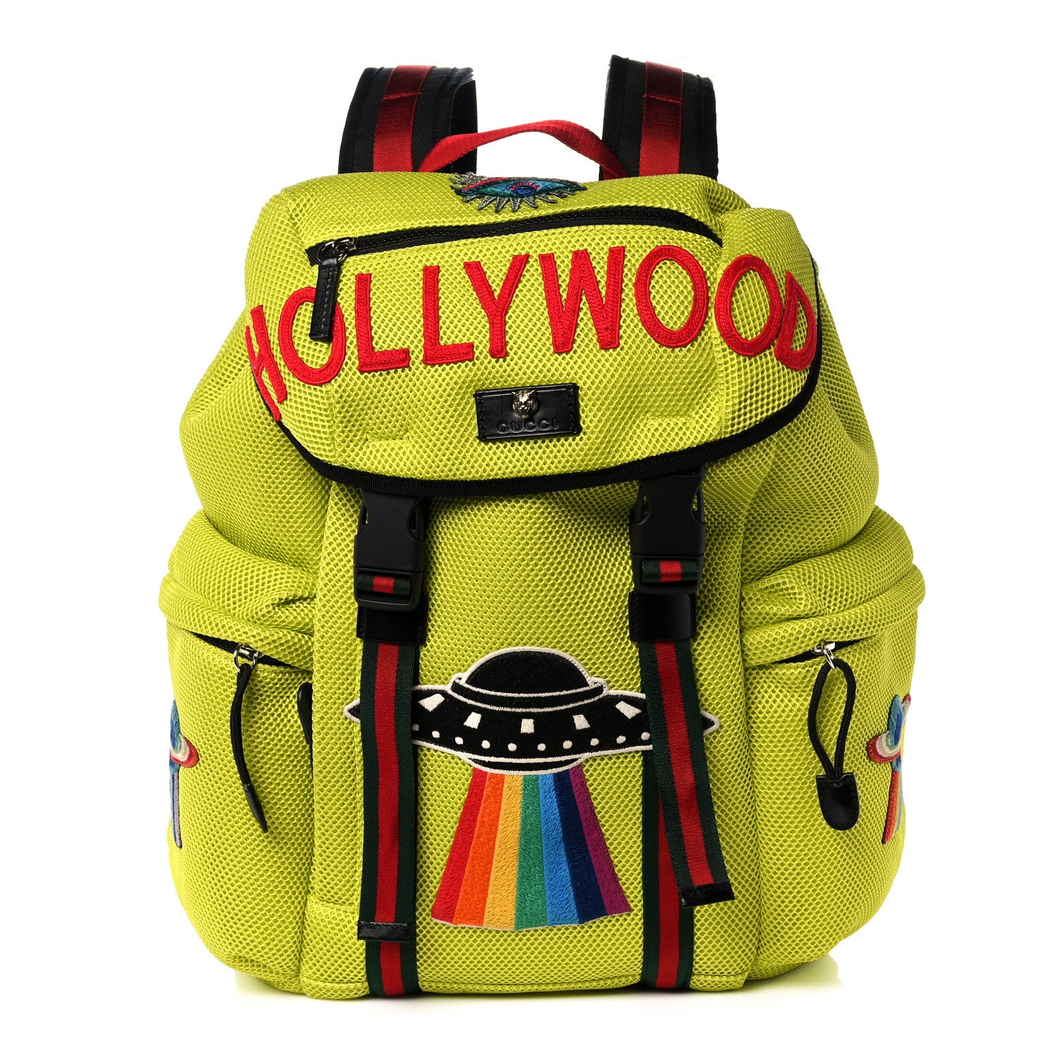 Gucci Mesh Web Hollywood Embroidered Double Buckle Backpack Anis Multicolor Black 1 of 13