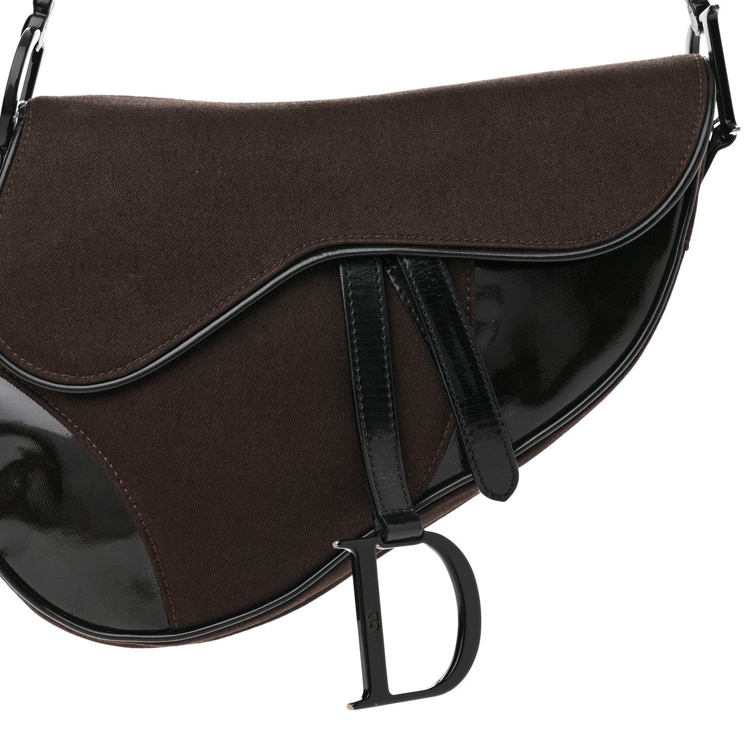 Christian Dior Canvas Patent Calfskin Saddle Bag Brown Black 8 of 13