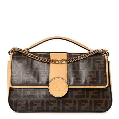 Fendi Vitello Grace Glazed Fabric FF 1974 Double F Shoulder Bag Alchemy Mogano Panna 1 of 16