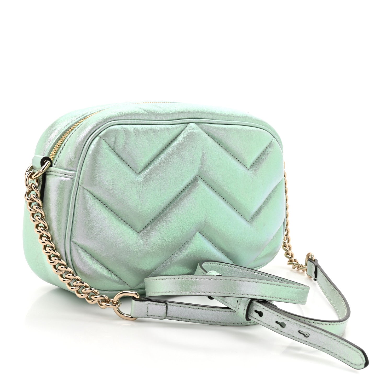 Gucci Iridescent Nappa Chevron Matelasse Small GG Marmont Chain Shoulder Bag Iridescent Salvy Green 3 of 10