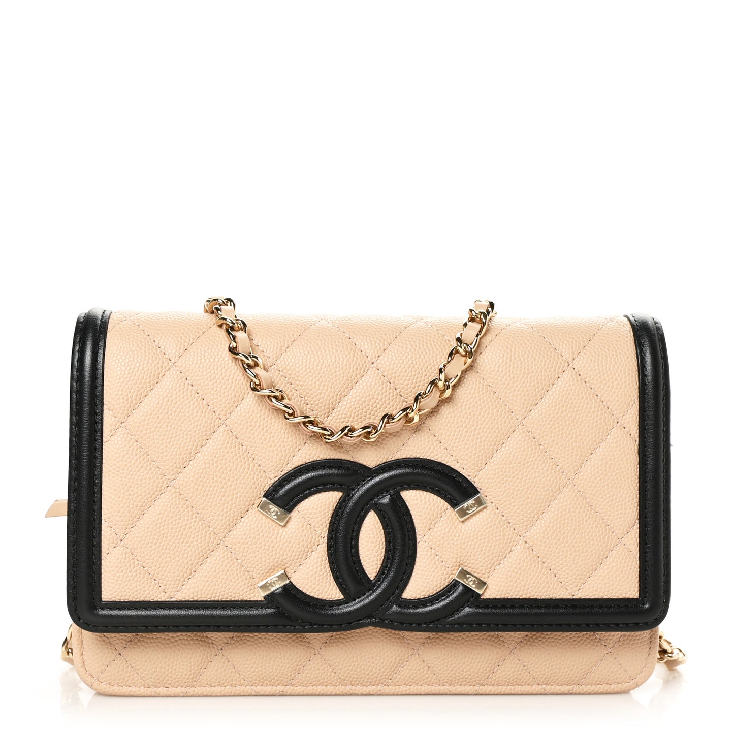Caviar Quilted CC Filigree Wallet On Chain WOC Beige Black