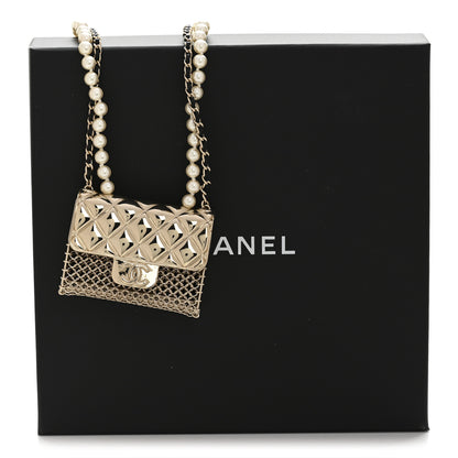 Chanel Metal Lambskin Pearl Chain Flap Bag Long Necklace Gold Black Pearly White 7 of 7