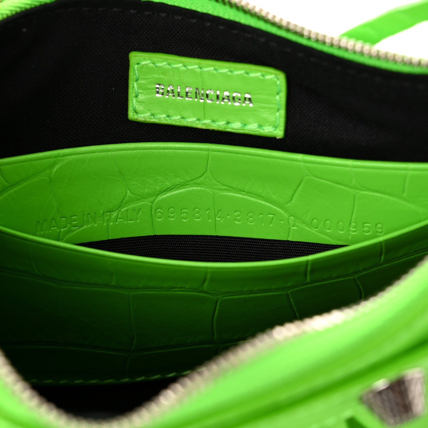 Balenciaga Extra Supple Calfskin Crocodile Embossed Le Cagole Mini Purse With Chain Acid Green 6 of 9