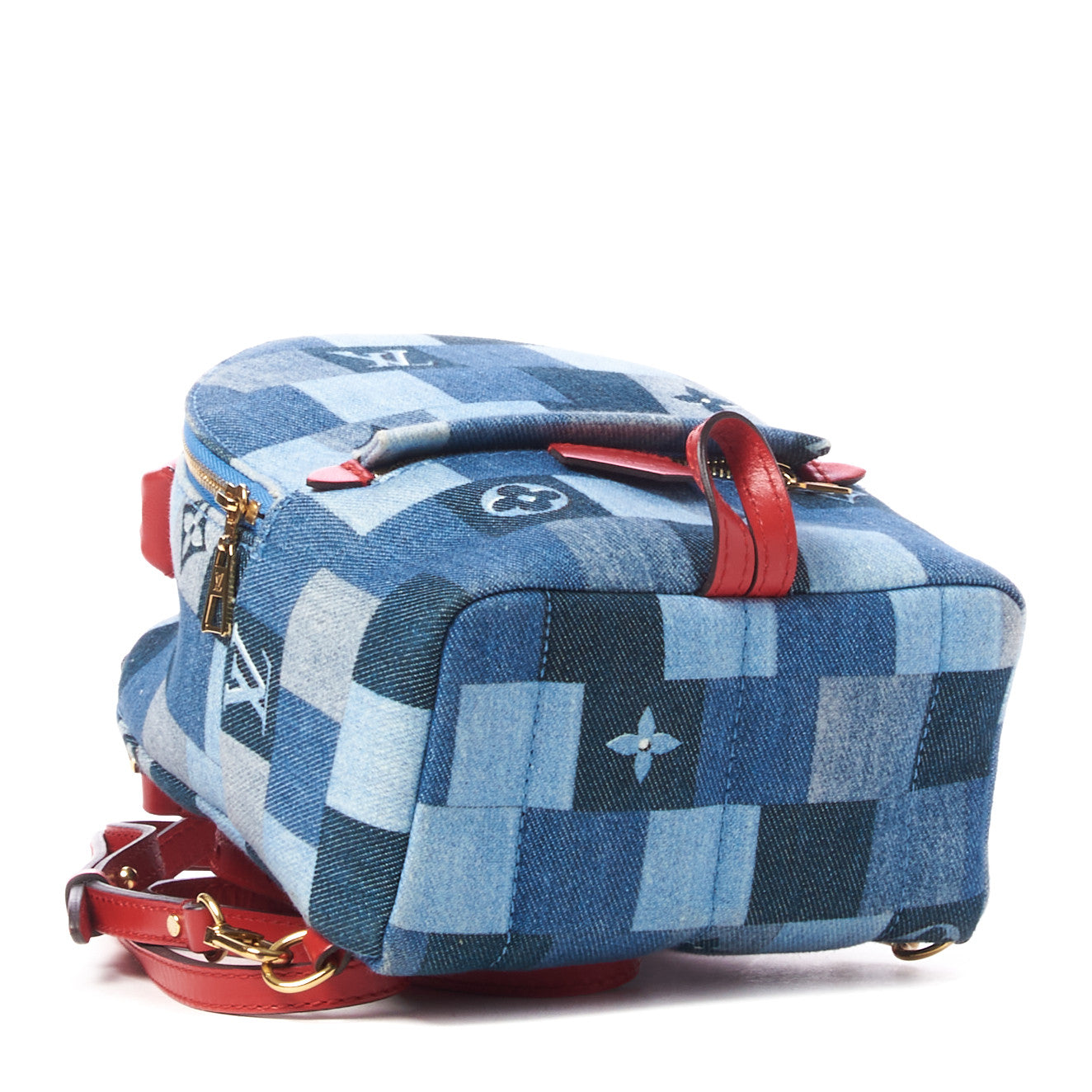 Louis Vuitton Denim Damier Monogram Patchwork Palm Springs Backpack Mini Blue Rouge 3 of 9