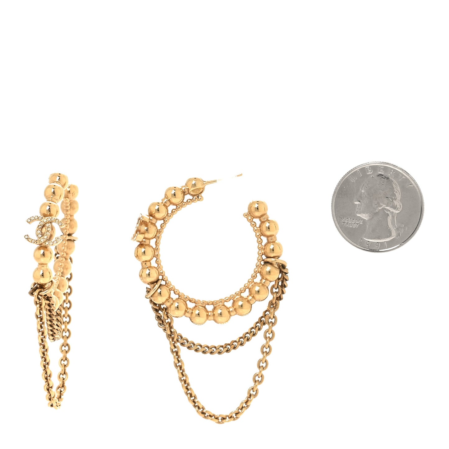 Metal Crystal Bead Chain CC Hoop Earrings Gold
