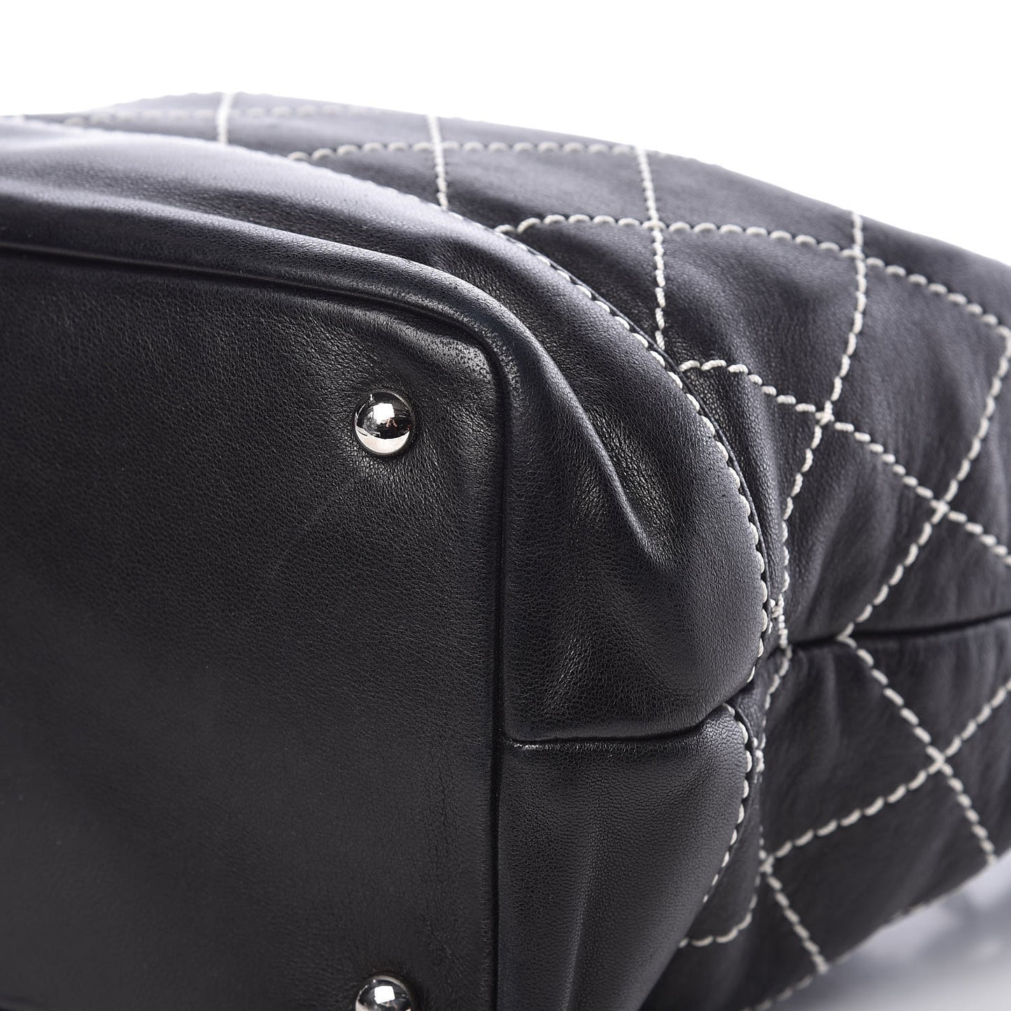Lambskin Contrast Stitch Small Drawstring Tote Black