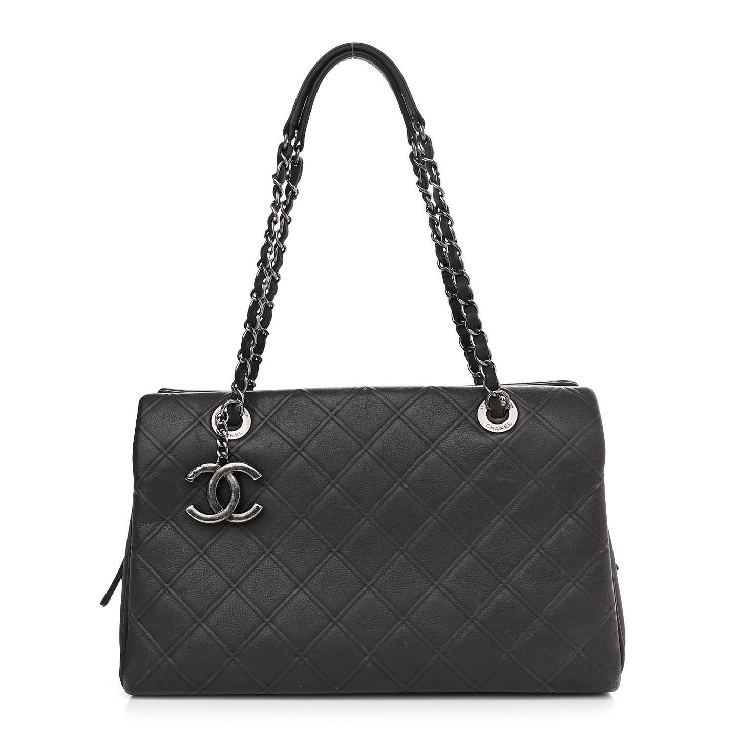 Calfskin Diamond Embossed Large CC Zip Shopping Tote Grey