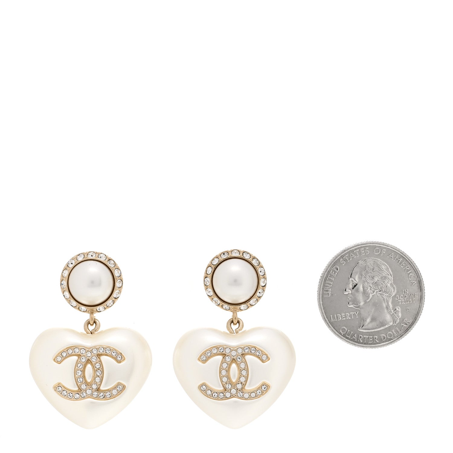 Chanel Pearl Crystal CC Heart Drop Earrings Gold 2 of 5