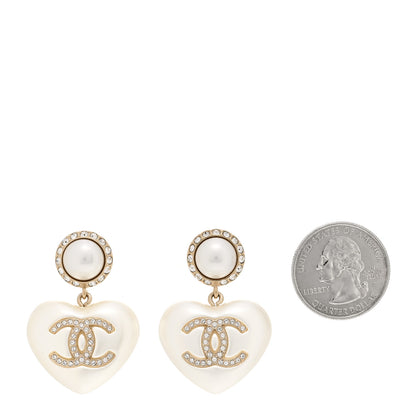 Chanel Pearl Crystal CC Heart Drop Earrings Gold 2 of 5