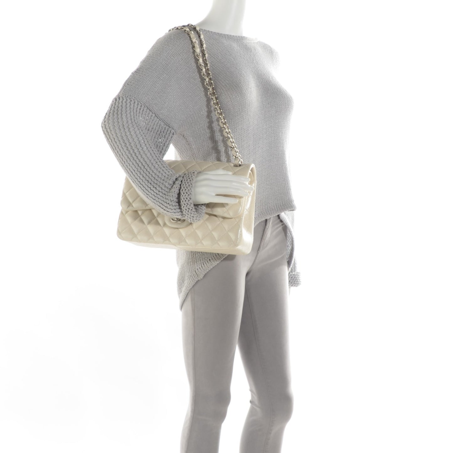 Pearly Caviar Quilted Jumbo Double Flap Dark White