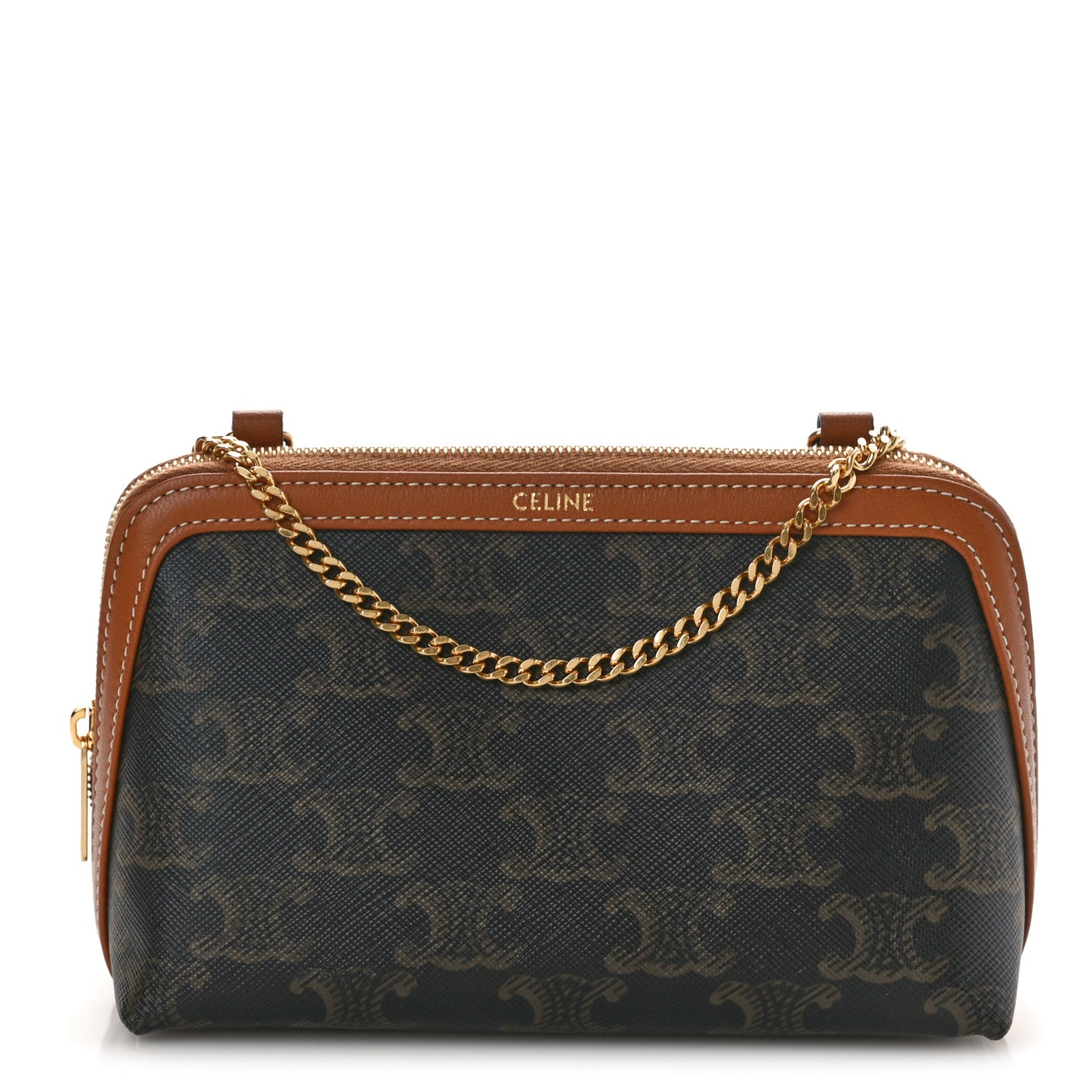 Triomphe Canvas Lambskin Clutch On Chain Tan