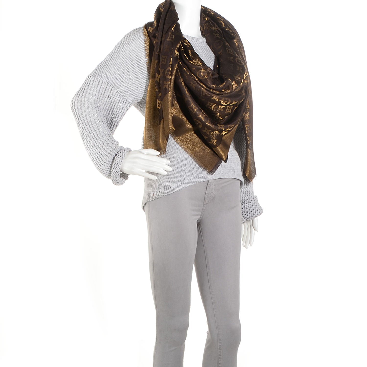 Louis Vuitton Silk Lurex Wool Monogram Shine Shawl Brown 2 of 5