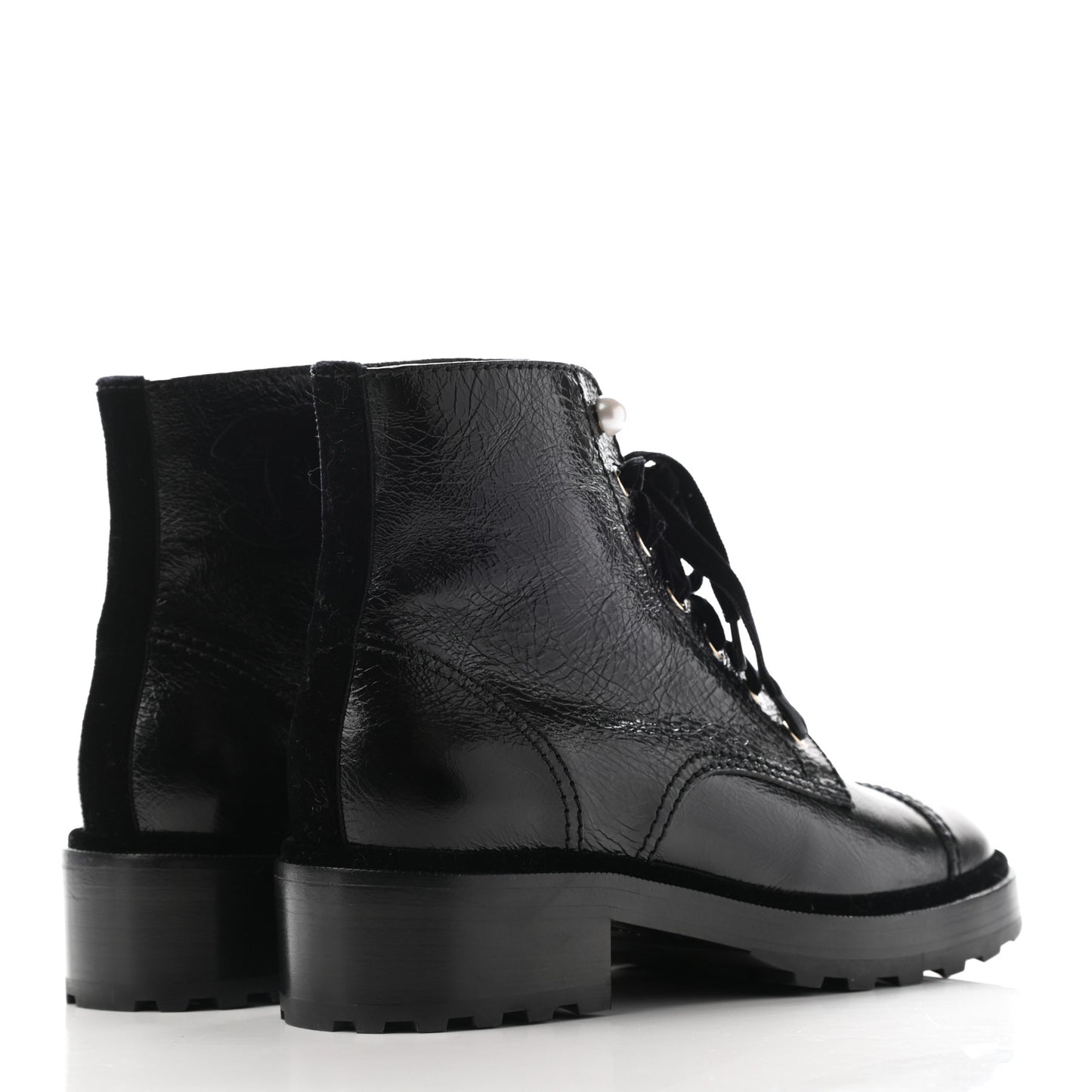Shiny Calfskin Velvet Pearl Combat Short Boots 39 Black
