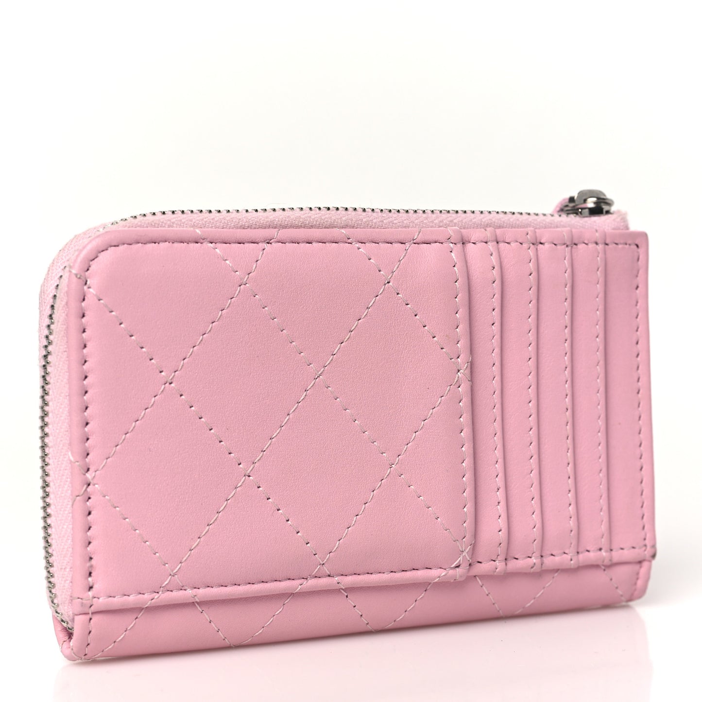Lambskin Quilted Zip Card Holder Light Pink