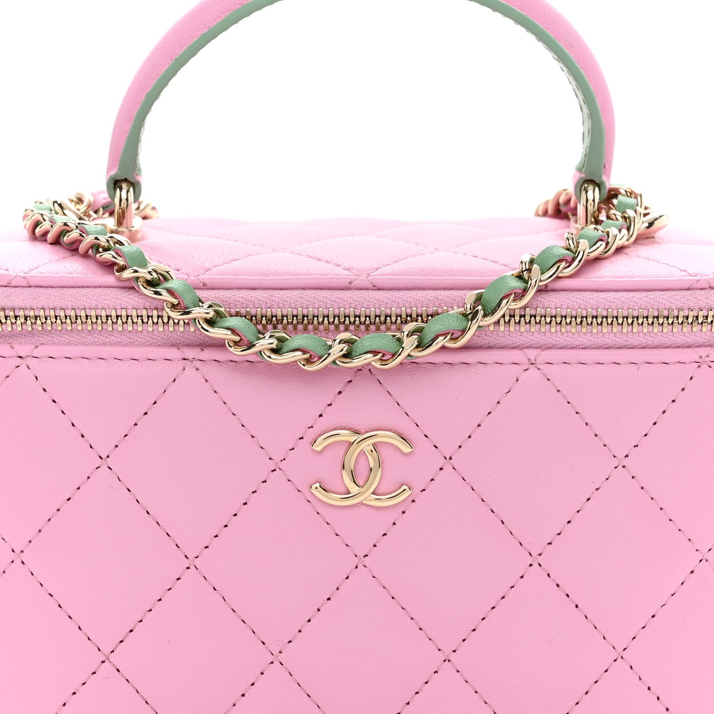 Lambskin Quilted Small Top Handle Vanity Case With Chain Lilac Light Green