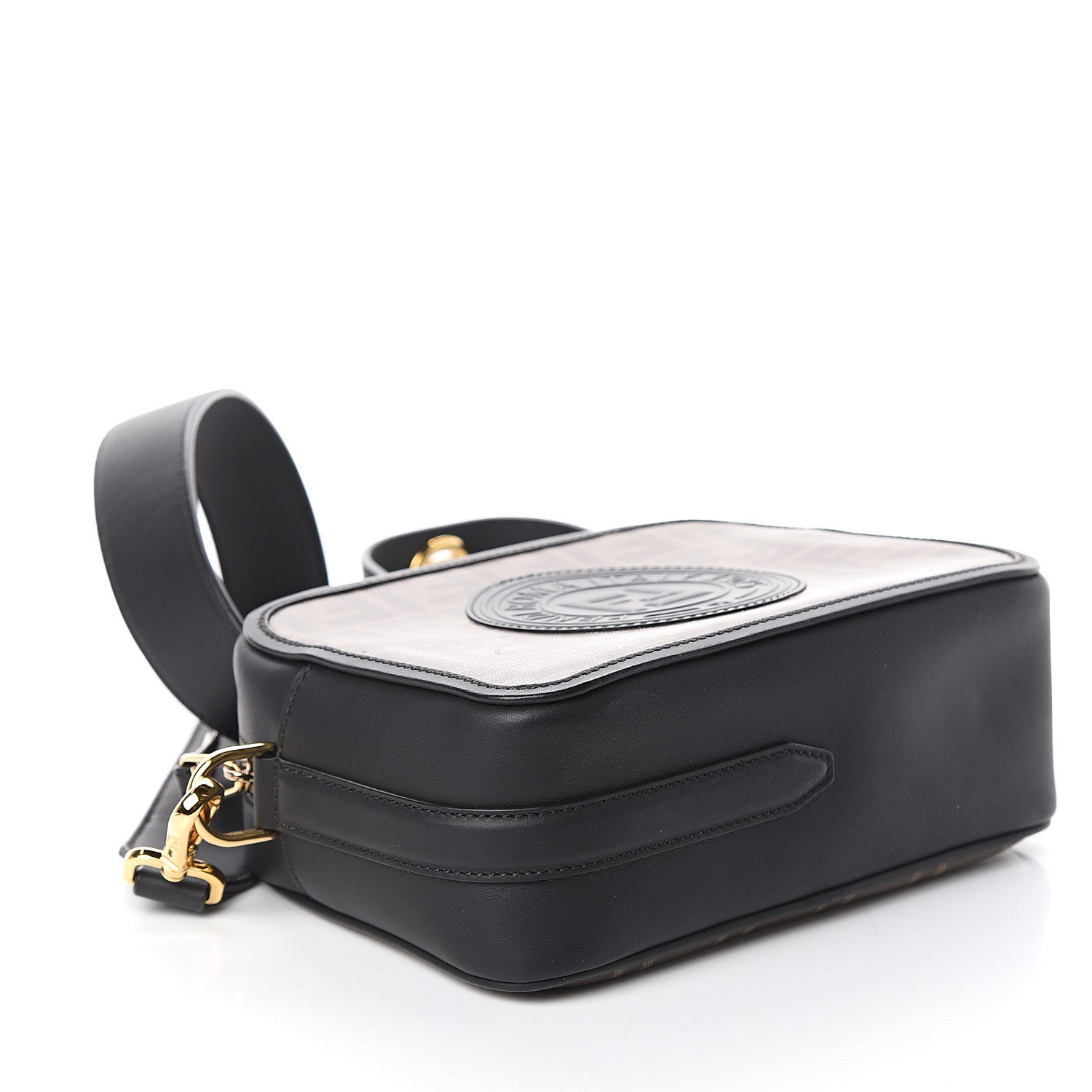 Fendi Glazed Fabric Vitello Century F is Fendi FF 1974 Stamp Patch Camera Case Mogano Panna Black 3 of 7