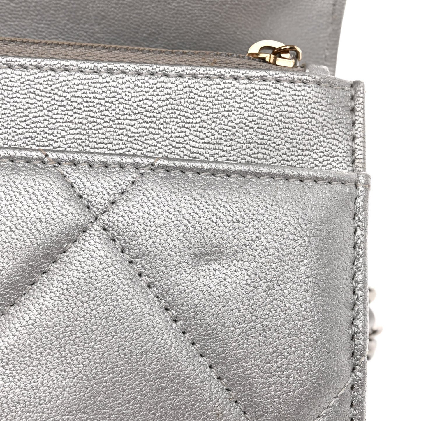 Metallic Goatskin Quilted Chanel 19 Wallet On Chain WOC Silver