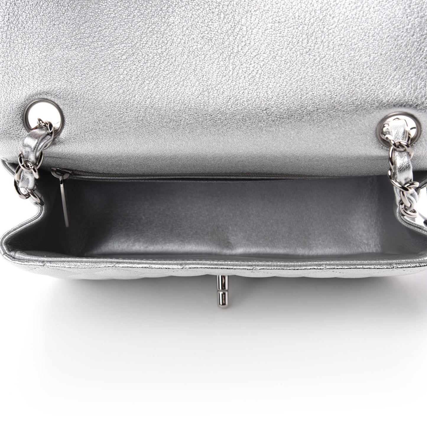 Metallic Lambskin Quilted Mini Rectangular Flap Silver