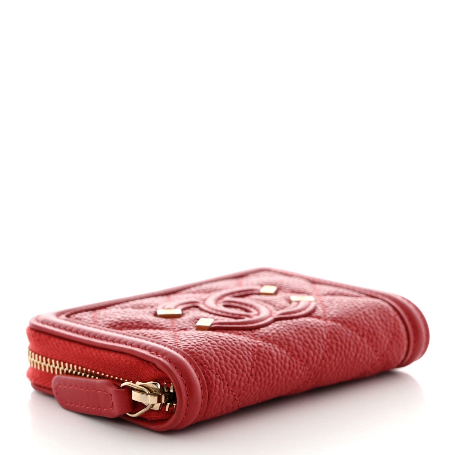 Chanel Caviar Quilted Filigree Zip Around Coin Purse Red 4 of 9