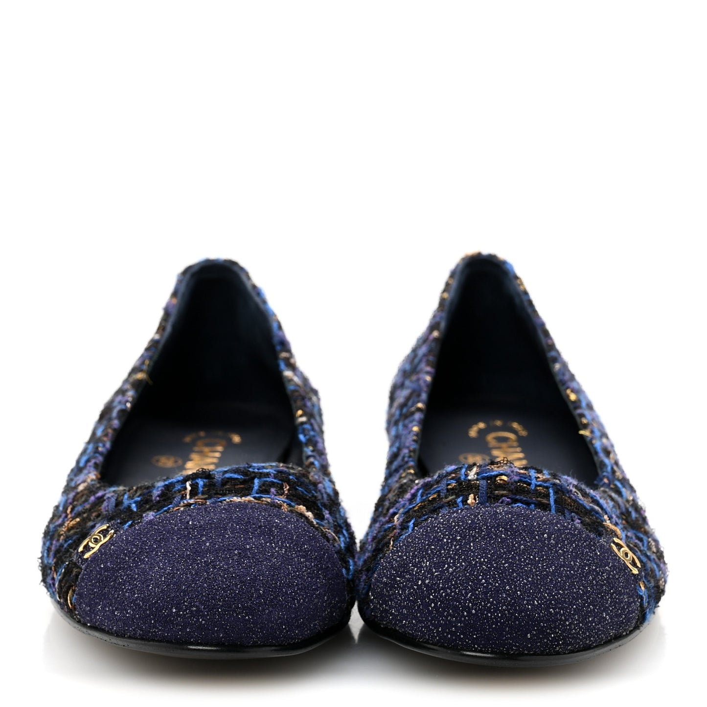 Tweed Lambskin Cap Toe Ballerina Flats 40 Navy Blue Black