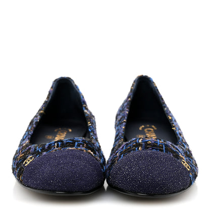 Chanel Tweed Lambskin Cap Toe Ballerina Flats 40 Navy Blue Black 3 of 10