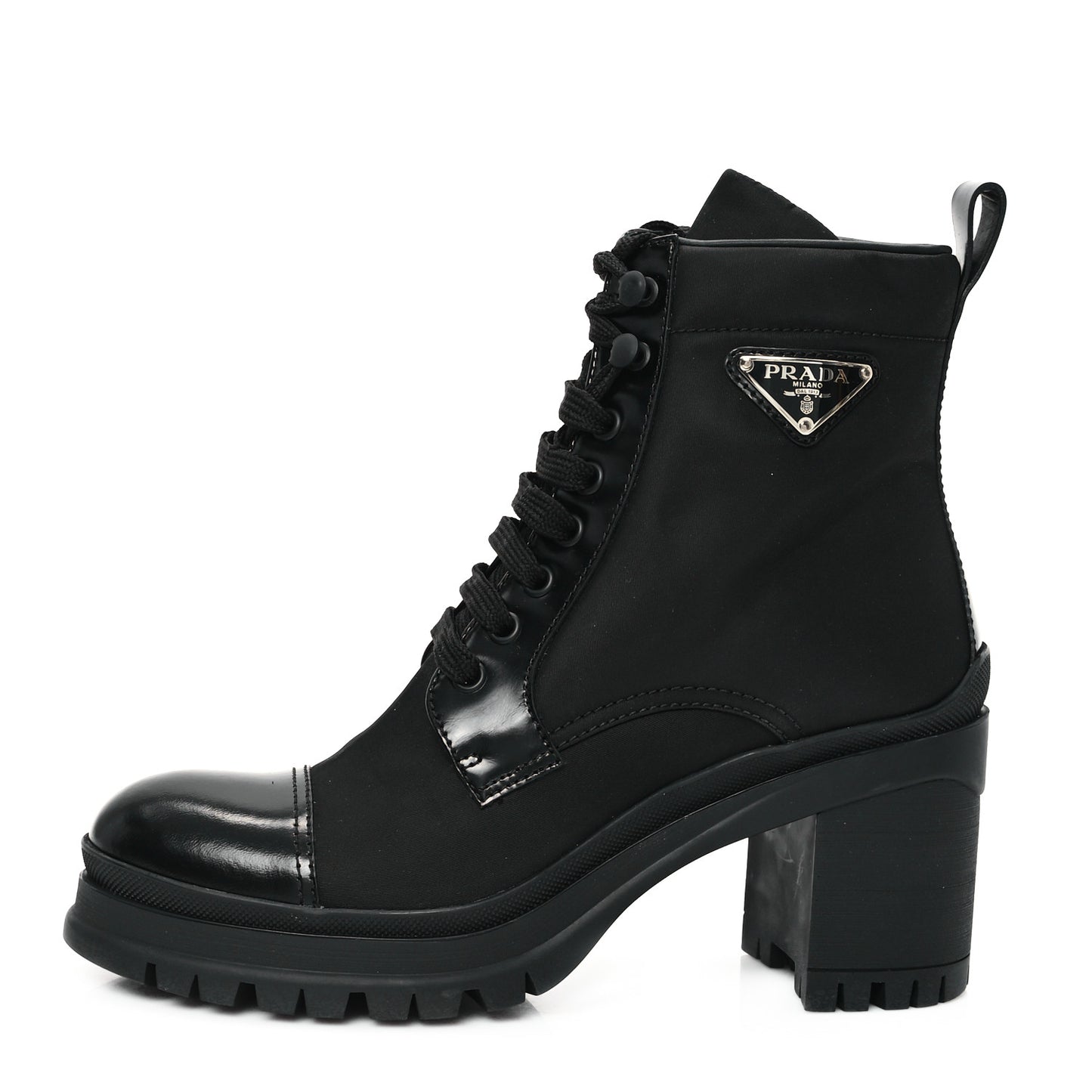 Spazzolato Re-Nylon Metal Triangle Logo Lace Up 55mm Ankle Boots 38 Black