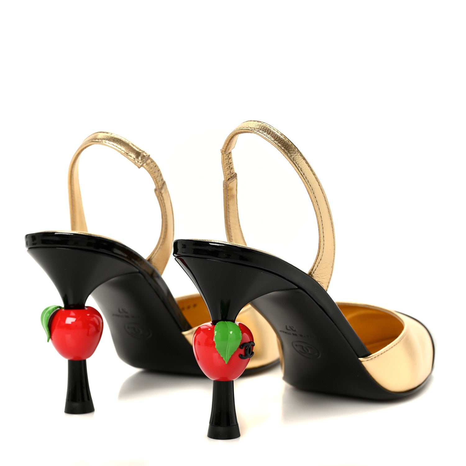 Chanel Lambskin Patent Cap Toe CC Apple Slingback Pumps 37 Gold Black 5 of 10