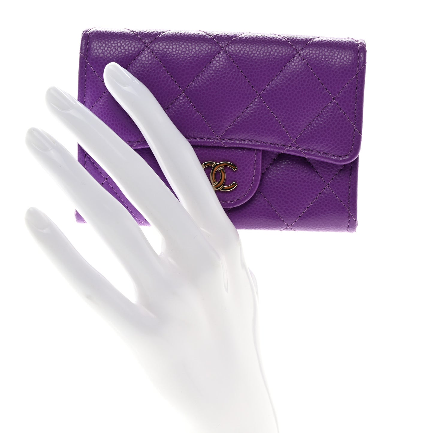Caviar Quilted Flap Card Holder Wallet Purple