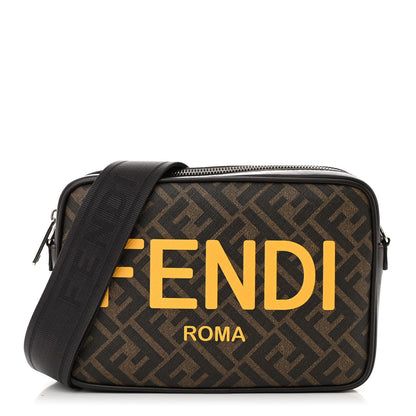 Fendi Shiny Glazed Fabric Vitello Cover FF 1974 Logo Medium Camera Case Tobacco Moro Giallo Ebano 1 of 9