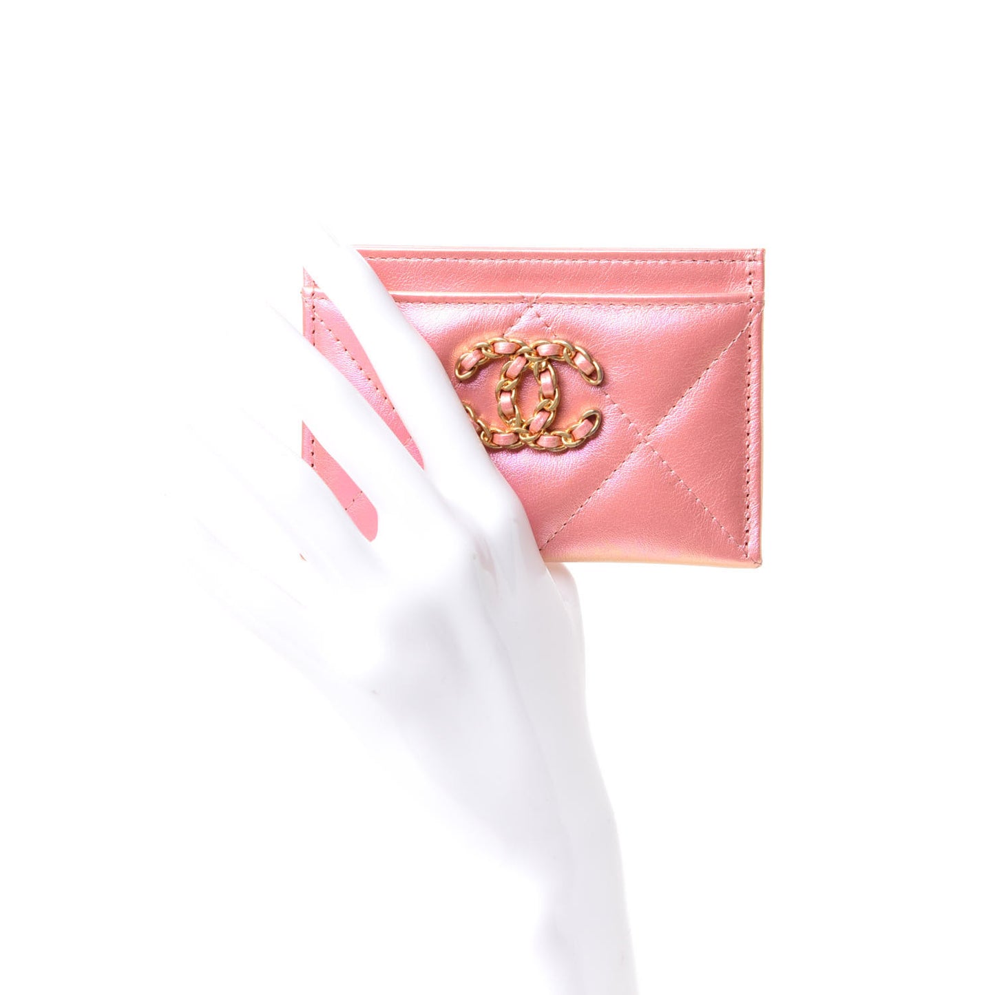 Iridescent Calfskin Quilted Chanel 19 Card Holder Pink