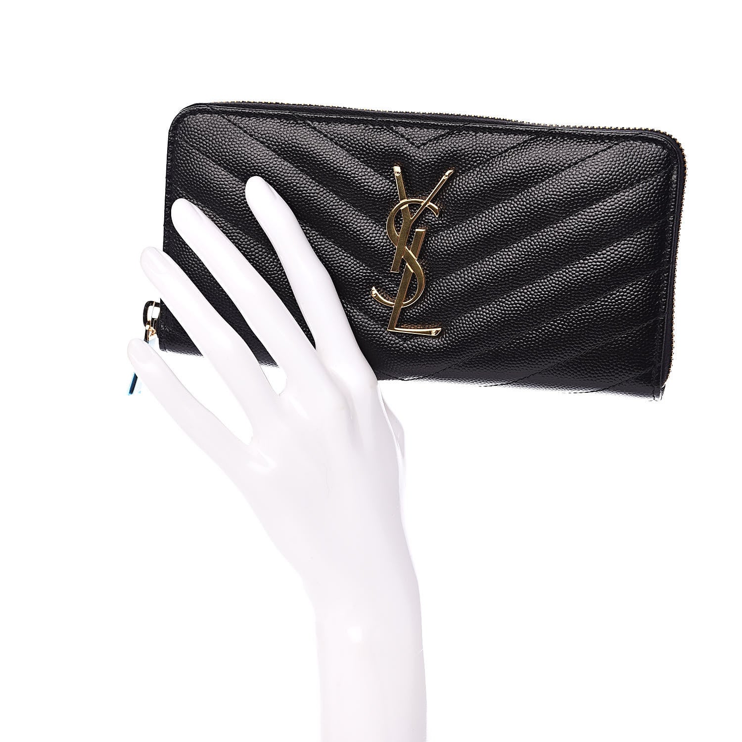 Saint Laurent Grain De Poudre Matelasse Chevron Monogram Zip Around Wallet Black 2 of 7