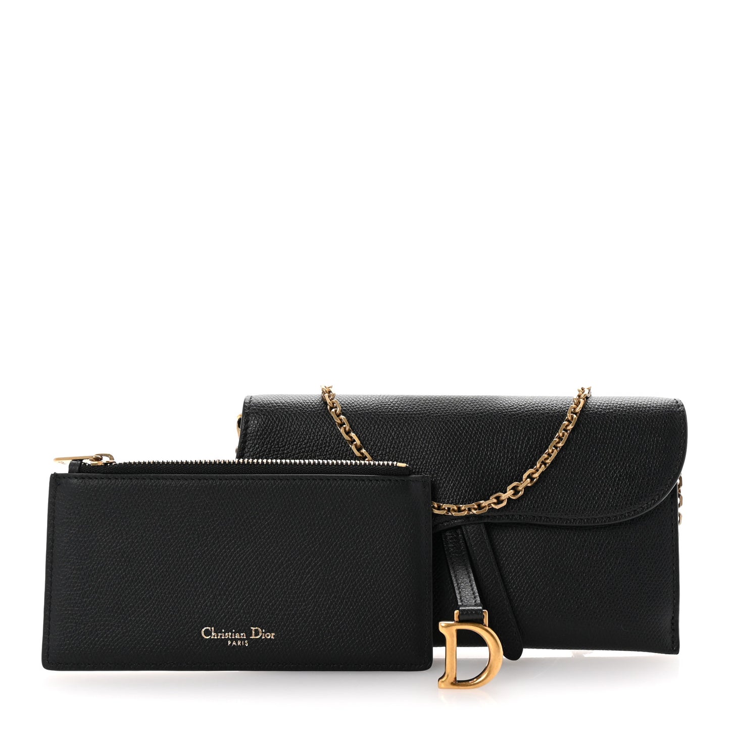 Grained Calfskin Saddle Chain Wallet Pouch Black