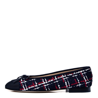 Chanel Tweed Grosgrain Cap Toe Ballerina Flats 38.5 Navy Blue Red Black 1 of 6