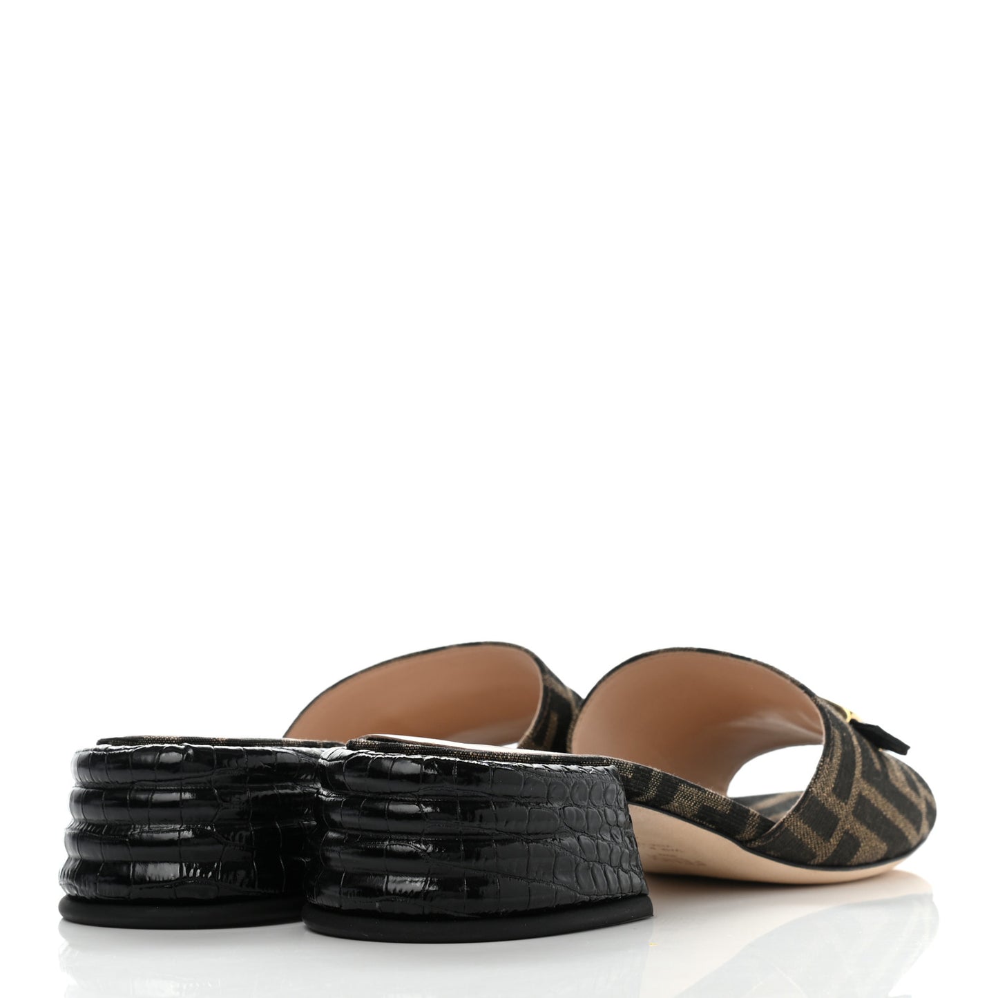 Jacquard Calfskin FF Crocodile Embossed Promenade Slide Sandals 37 Tobacco Moro Black