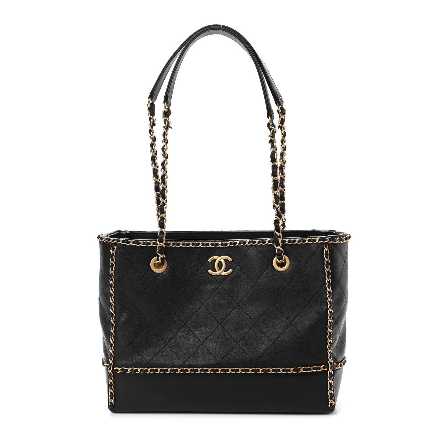 Calfskin Quilted Chain Lines Shopping Tote Black