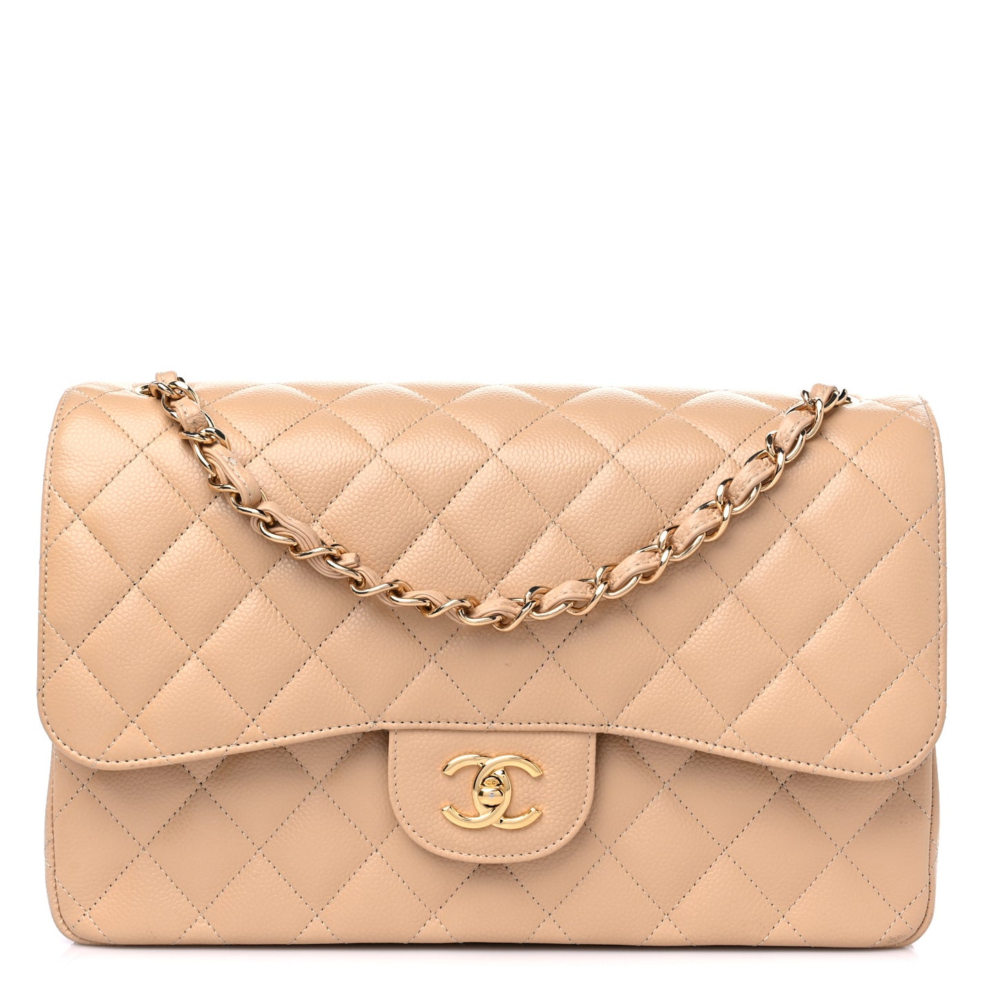 Caviar Quilted Jumbo Double Flap Beige Clair