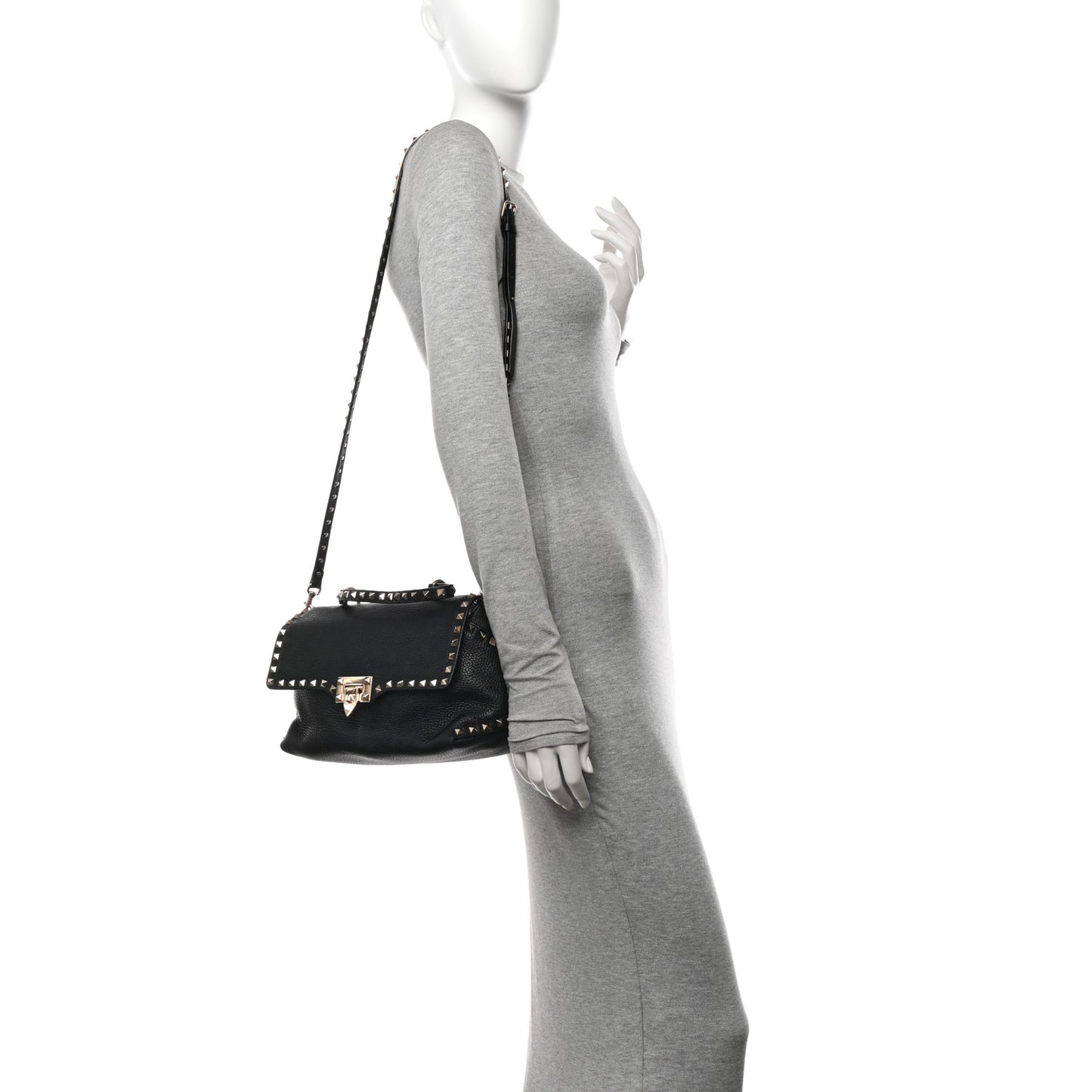 Pebbled Calfskin Rockstud Single Handle Flap Bag Black
