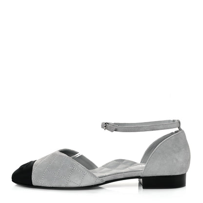 Chanel Suede Grosgrain Cap Toe CC Mary Jane Flats 39 Light Grey Black 1 of 9