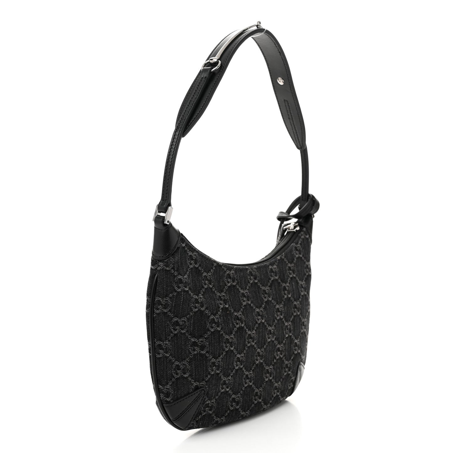 Jacquard Black Denim GG Monogram Horsebit Slim Small Shoulder Bag Black Grey